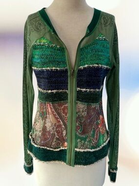 Kaktus Y2K Green & Blue Paisley Floral Printed Mesh Zip Front Top ~ Women’s M/L